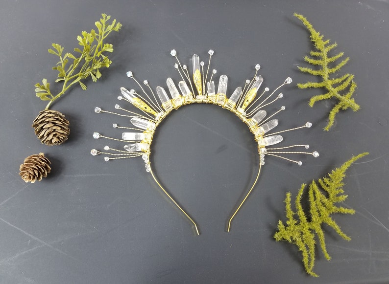 Halo Crystal Crown Clear Crystal and Gold Crown Quartz Crystal Point Tiara Crystal Headband Natural Crystals