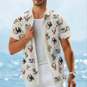 Camisa con botones de la cuarta ala, camisa hawaiana de dragón de fantasía para mujer, blusa con dragón de dibujos animados, camisa familiar, regalo para mujeres y hombres