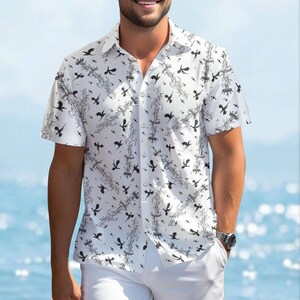 Camisa con botones de dinosaurio, camisa hawaiana de dinosaurio en blanco y negro, linda camisa prehistórica de dibujos animados, camisa de vacaciones familiares, regalo para él