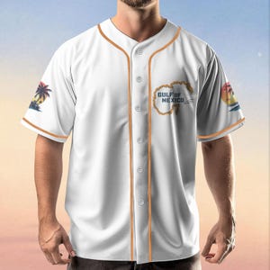 Camiseta del Golfo de México, playera retro de béisbol con atardecer costero, playera de recuerdo de vacaciones en la playa, playera de verano con mapa del océano, regalo para él