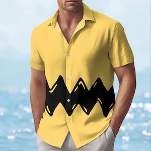 Zigzag Inspired Shirt, Funny Yellow Hawaiian Shirt, Comic Cartoon Aloha Shirt, Summer Family Vacation Shirt, Funny Gift For Him