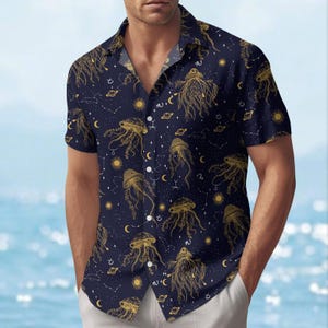 Mystical Mushrooms Button Shirt, Mushrooms Hawaiian Shirt, Astrology Shirt For Men, Nature Lovers Summer Shirt, Family Vacation Shirt