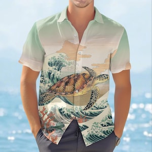 Sea Turtle Ocean Wave Button Shirt, Japanese Hokusai Style Turtle Hawaiian Shirt, Ocean Lovers Shirt, Vacation Shirt, Gift For Him