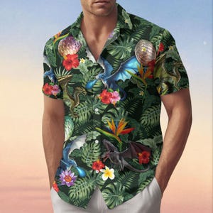 Dragon Button Shirt, Fantasy Dragon Aloha Hawaiian Shirt, Tropical Dragon Beach Shirt, Summer Vacation Shirt, Dragon Lover Gift