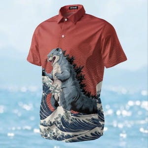 Godzilla Wave Button Shirt, Japanese Style Kaiju Shirt, Red Retro Art Shirt For Men, Monster Summer Hawaiian Shirt, Gift For Fan