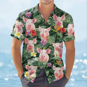 Cute Pig Button Shirt, Funny Animal Farm Hawaiian Shirt, Pink Piggy Summer Shirt, Kawaii Swine Lover Shirt, Family Vacation Shirt