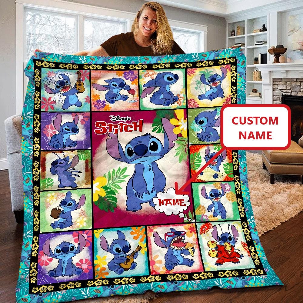 Discover Funny Stitch Quilt with Custom Name, Disney Lilo and Stitch Pattern, Modern Cartoon Home Decor, Gift for Kids