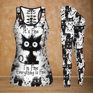おもしろい黒猫タンクトップ、かわいい猫柄レディースレギンス、It's Fine I'M Fineシャツ、黒猫ワークアウトレギンス、ゴシック猫グッズ、彼女へのギフト