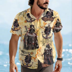 Pirate Darth Vader Button Shirt, Star Wars Pirate Map Hawaiian Shirt, Sci Fi Tropical Shirt, Family Vacation Shirt, Gift For Fans