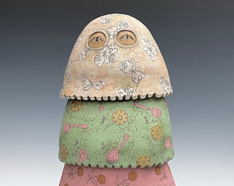 Ceramic Sculpture - Handbuilt - Masked Guardian of the Natural World - Folk tales and flora patterns