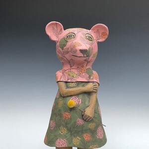 Ceramic Sculpture Handbuilt Masked Guardian of the Natural World Folk tales and flora patterns image 1