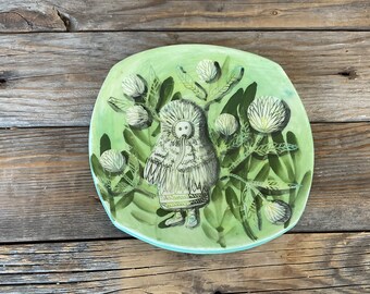 Plate - illustrated - rabbit - floral - pottery dish - dinnerware