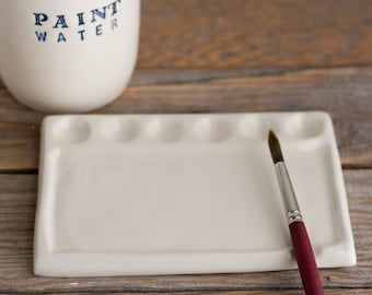 Paleta y vaso para agua de pintura - set de regalo - Recipiente para pinceles - paleta de cerámica - Acuarela - regalo para artista - SET