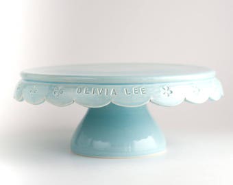 Personalized Birthday Gift, 8 Inch Custom Cake Stand, Curved Rim with Flowers, Engraved Cake Stand