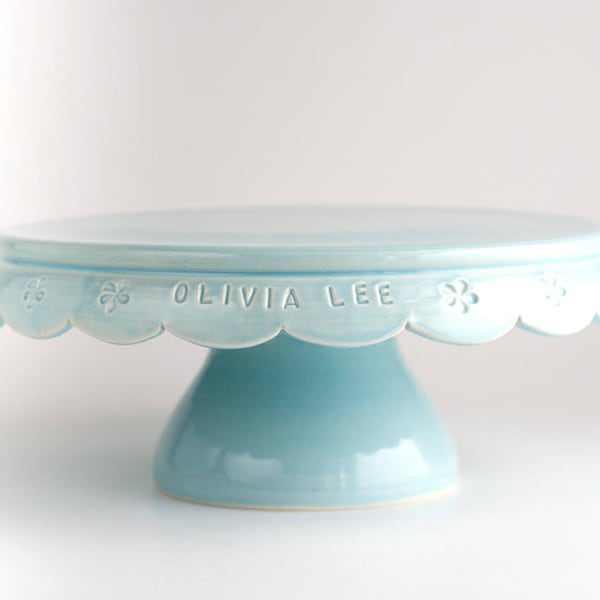 Personalized Birthday Gift, 8 Inch Custom Cake Stand, Curved Rim with Flowers, Engraved Cake Stand