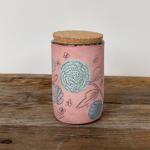 cork jar stash jar tea canister folk illustrated handmade art pottery image 1