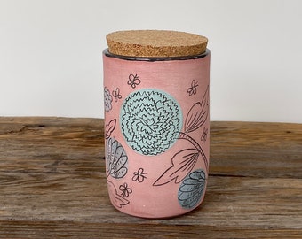 cork jar - stash jar - tea canister - folk - illustrated - handmade - art pottery