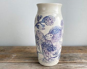 Illustrated flower vase - folk  - handmade - art pottery