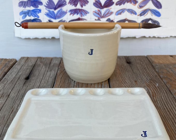 Monogrammed Watercolor Palette and Brush Cup: Handmade Pottery Gift