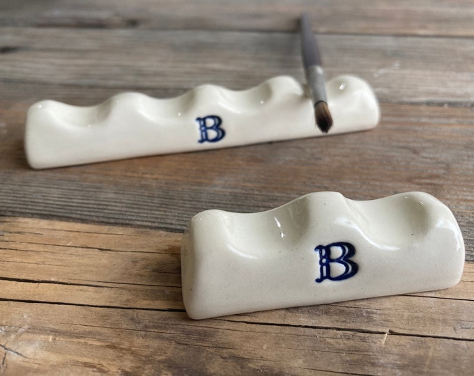 Monogrammed Brush Holder - Pen Rest - Watercolor Accessory - Handmade Pottery Gift for Artists
