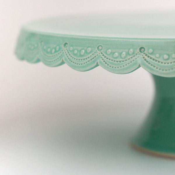Handmade Stitch Cake Stand: Pottery Wedding Decor 10 inch