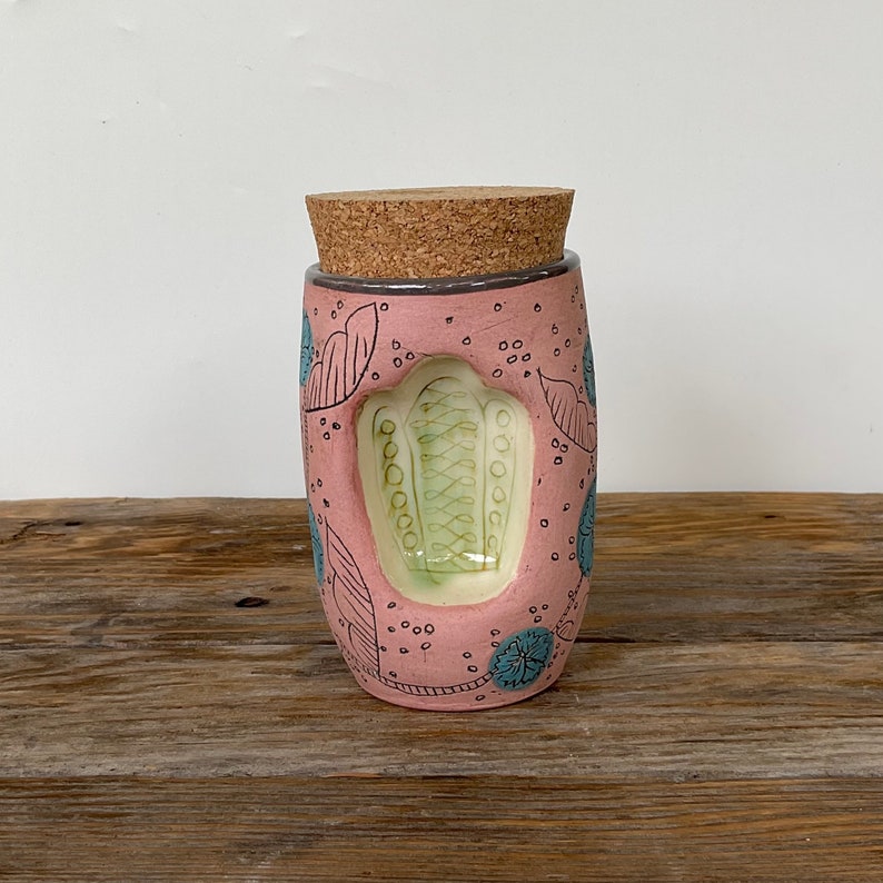 cork jar stash jar tea canister folk illustrated handmade art pottery image 2