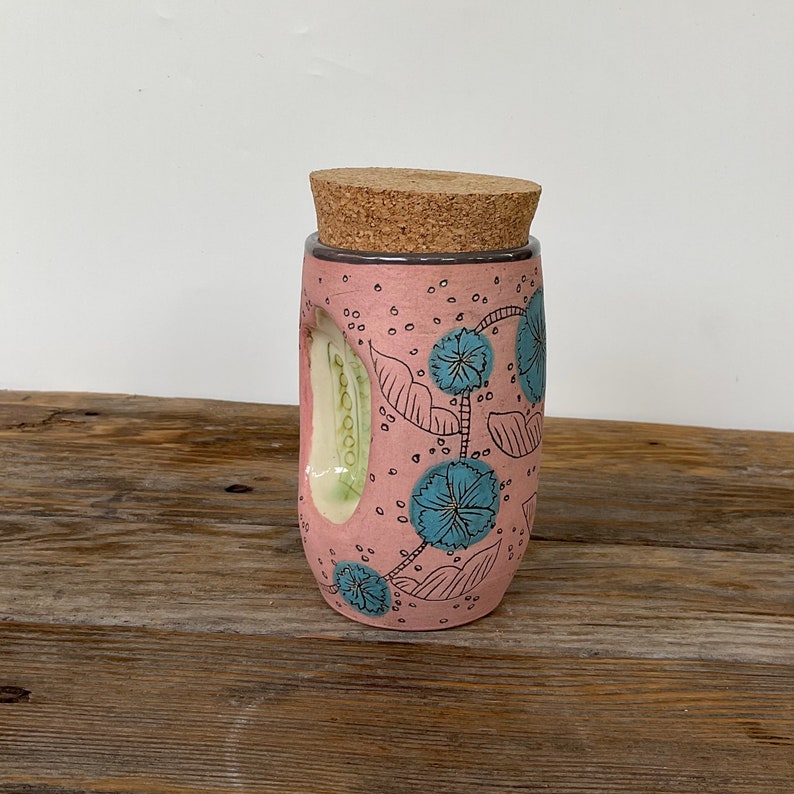 cork jar stash jar tea canister folk illustrated handmade art pottery image 7