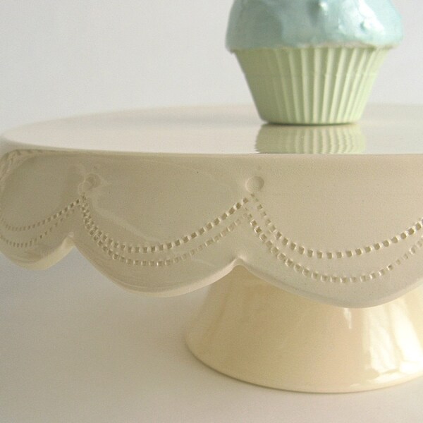 Cake stand with stitching in vanilla cream... 10 inch cake stand.