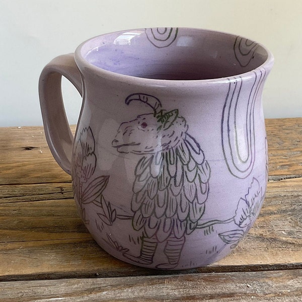 coffee mug - folk - illustrated - handmade - floral - art pottery