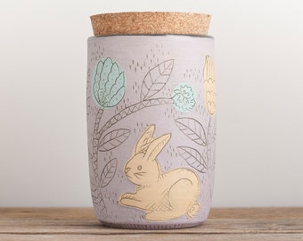 rabbit - cork jar - stash jar - tea canister - folk - illustrated - handmade - art pottery