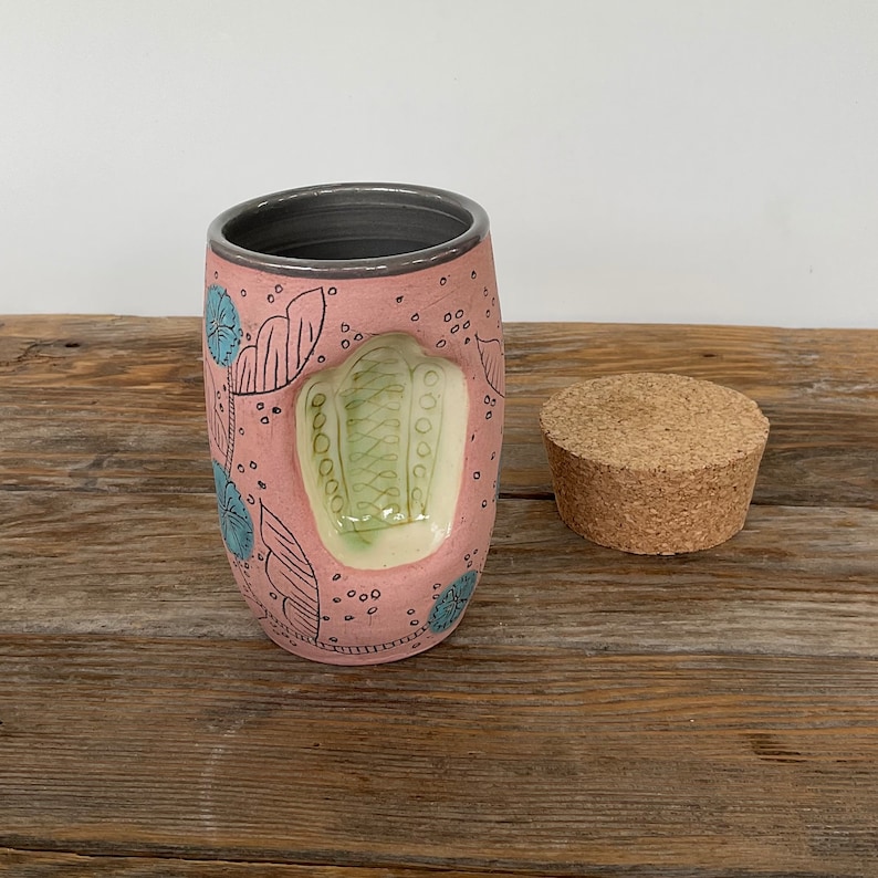 cork jar stash jar tea canister folk illustrated handmade art pottery image 1