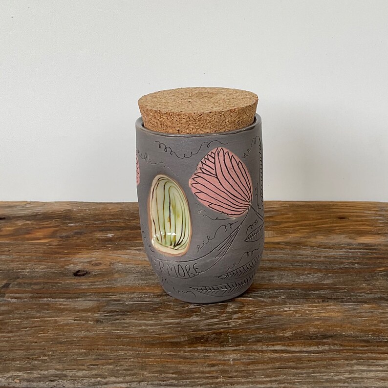 cork jar stash jar tea canister folk illustrated handmade art pottery image 3