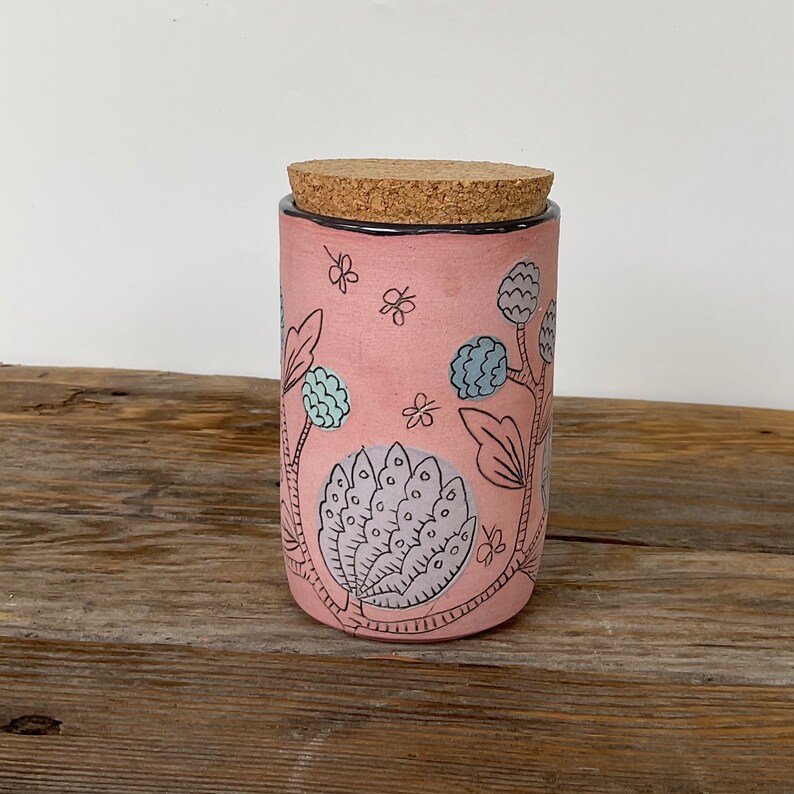 cork jar stash jar tea canister folk illustrated handmade art pottery image 2