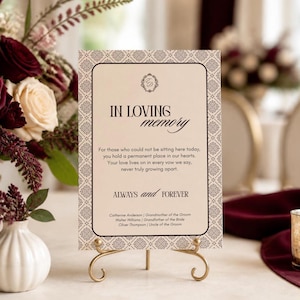 May include: A rectangular memorial sign with a cream background and a dark brown geometric border. The text reads: IN LOVING memory, For those who could not be sitting here today, you hold a permanent place in our hearts. ALWAYS and FOREVER.