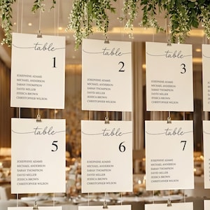 Puede incluir: Un expositor colgante de asientos para bodas con doce tarjetas rectangulares blancas suspendidas por hilos finos. Cada tarjeta muestra la palabra table seguida de un número del uno al doce en fuente negra, junto con una lista de nombres.