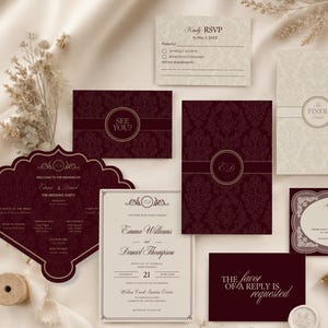 Luxury Burgundy Cream Wedding Invitation Bundle, Elegant Damask Wedding Suite Template, Editable Canva Invitation, Estate Program Fan