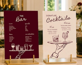 Vorlage für ein burgunderrotes Barschild für die Hochzeit | Handgezeichnete Cocktailkarte | Verspielte Signature-Drinks | Verspielte Empfangsdekoration | Bearbeitbare Leinwand