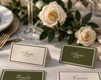 Old Money Olive Green Place Card Template, Classic Elegant Seating Cards, Minimalist Reception Table Name Card, Canva Editable, Flat, Folded