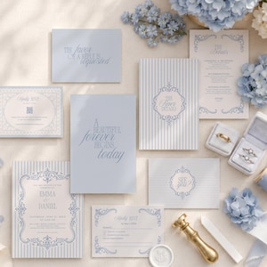 May include: A wedding stationery suite in shades of light blue and white, featuring striped and solid cards with ornate frames, text including A Beautiful Forever Begins Today, Emma & Daniel, and See You, alongside blue hydrangea flowers and rings.