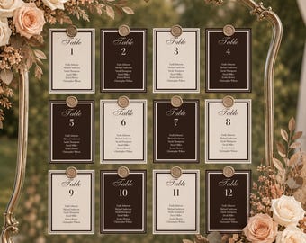 Oud geld bruiloft tafelkaarten, minimalistisch bruin en crème receptiebord, bewerkbare canva tafelweergave, elegante stoelplattegrond