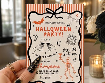 May include: A rectangular Halloween party invitation card with orange and white vertical stripes on the border. The center features black and orange illustrations of a bat, a witch hat, a disco ball, and a skeleton holding a martini glass.