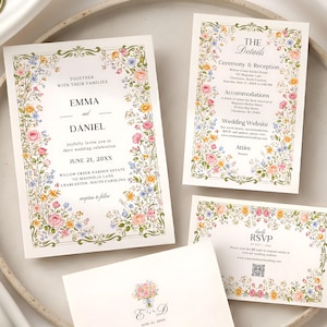 May include: A wedding invitation suite featuring a main invitation, details card, RSVP card, and envelope, all decorated with a colorful floral border of pink, yellow, and blue flowers. The text includes names Emma and Daniel, event details, and a QR code.