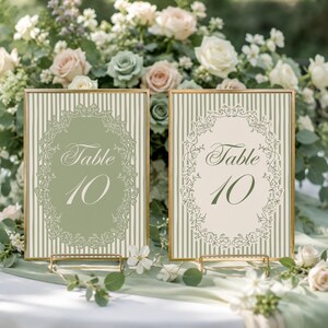 Editable Sage Green Striped Wedding Table Number Template, Botanical Garden Reception Sign, Elegant Floral Table Card Decor, Canva Download