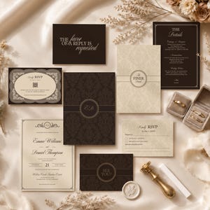 May include: A wedding stationery suite featuring dark brown and cream cards with damask patterns, elegant typography, and gold-toned accents. Includes an invitation, RSVP cards, details cards, a wax seal stamp, and a ring box with two gold bands.