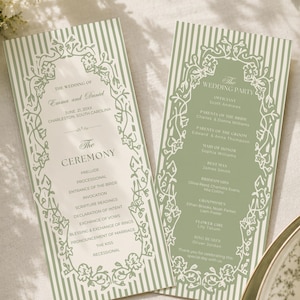 May include: Two wedding ceremony programs with a green and white striped design. The programs feature floral borders and text including the names of the couple, date, and location. The right program lists the wedding party.