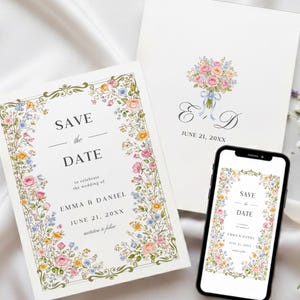 Convite Save the Date com Flores Silvestres, Convite de Casamento Floral Save the Date, Anúncio Botânico de Jardim, Floral Primavera/Verão, Modelo Editável do Canva