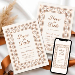 Terracotta Burnt Orange Fall Save the Date, Editable Canva Template, Boho Rustic Wedding Invite, Floral Line Art, Digital