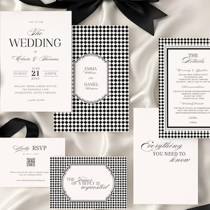 May include: Elegant wedding invitation suite featuring a black and white color scheme. The set includes invitation cards, RSVP cards, and detail cards. The invitations have a classic design with text that reads "The Wedding of Claire & Thomas" and "Emma and Daniel".