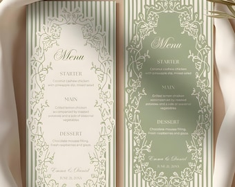 Editable Wedding Menu Template 4x9, Sage Green Botanical Garden Reception Card, Elegant Modern Stripe Floral Dinner Design, Canva Download