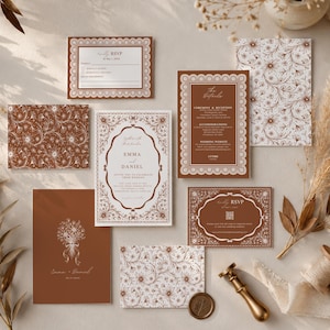 Terracotta Rustic Wedding Invitation Suite Template, Rust Floral Boho Invite Set, Editable Wedding Invitation Bundle Instant Download
